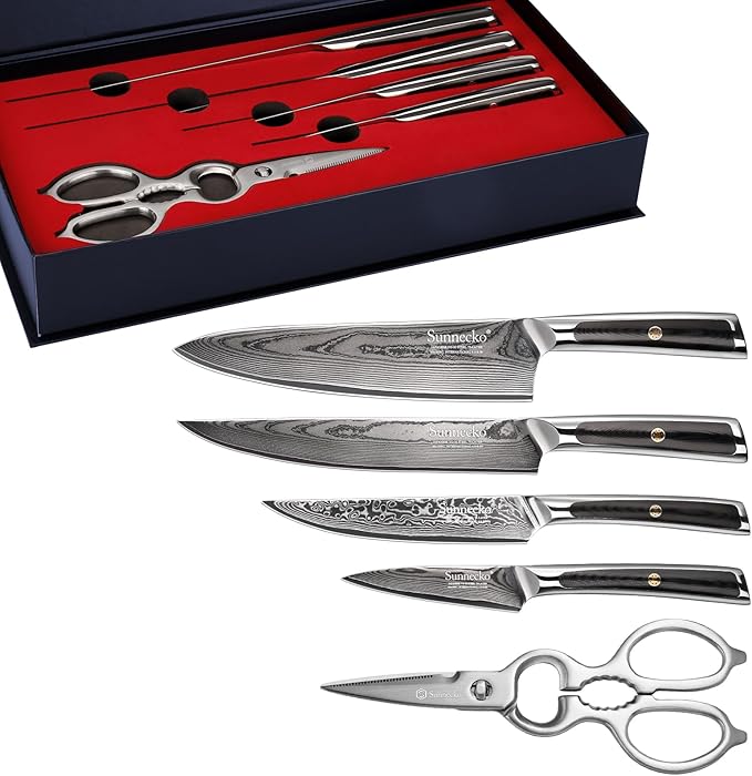 Sunnecko Damascus Kitchen Knife Set 5 Piece, Sharp Chef Knife Set with Kitchen Scissors, Professional Kitchen Knives Sets Full Tang with Gift Box