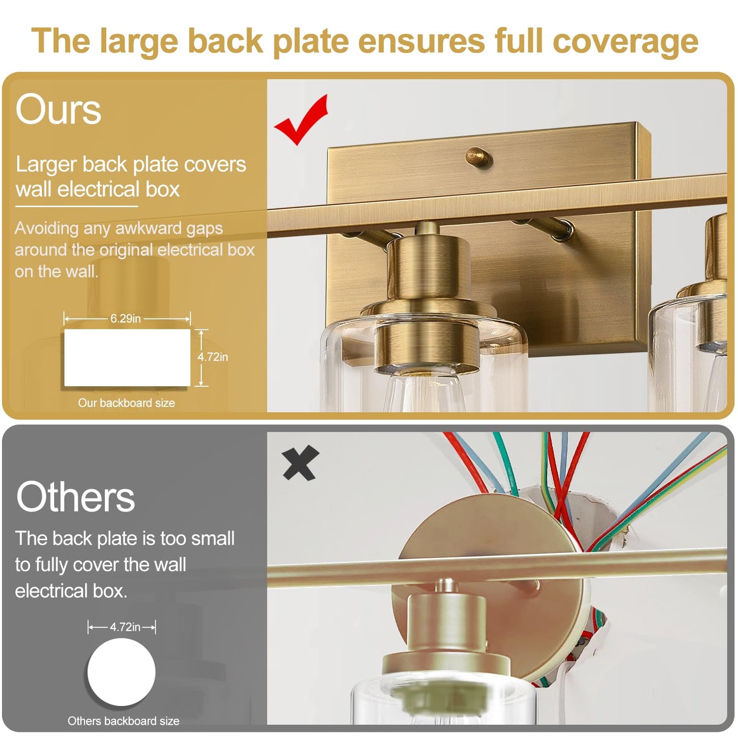 Indoi 3-Light Bathroom Light Fixtures, Brass Vanity Lights with Clear Glass Shades, Model YX-032H