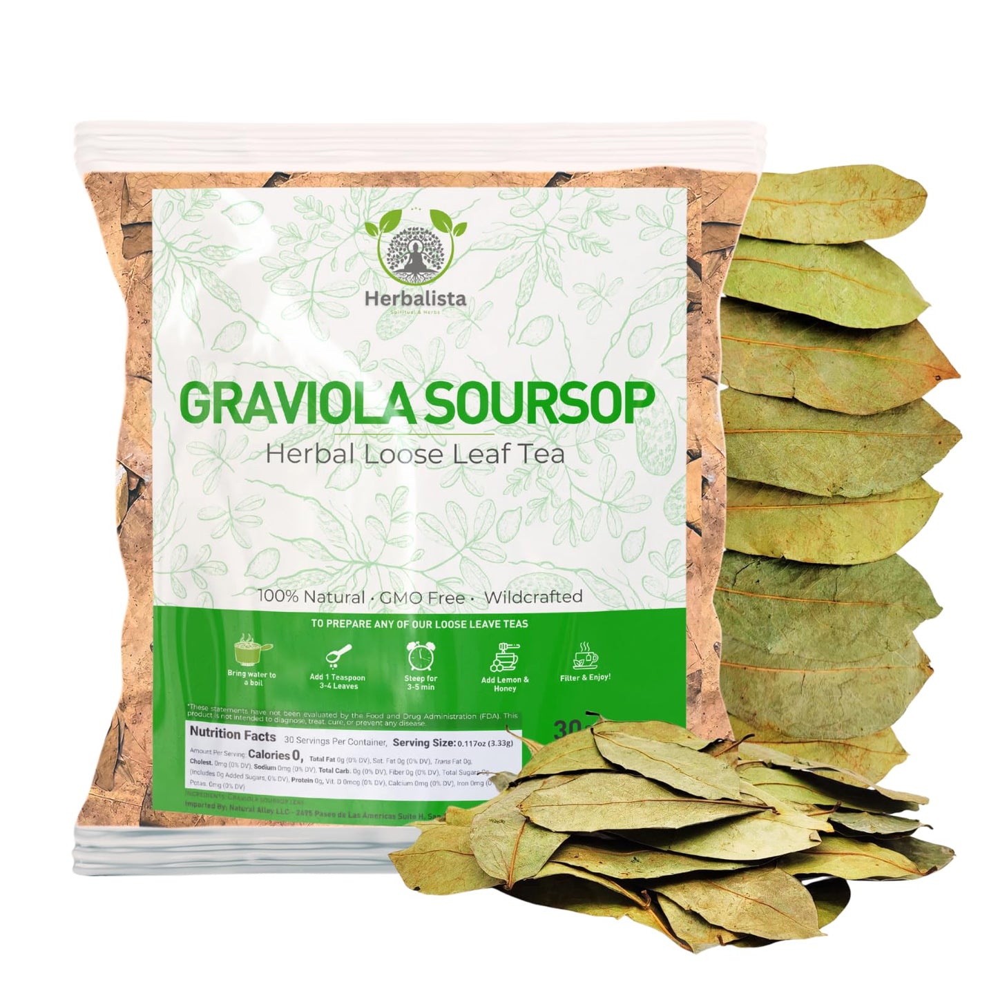 Herbalista - enhanced Whole Dried Graviola Soursop Leaf (4 oz | 350+ Leaves) | 100% Natural Hoja de Guanabana | Fresh Wildcrafted and Authentic | Makes 30+ Cups of Delicious Tea