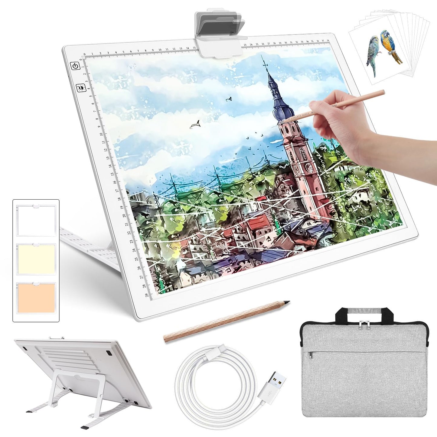 Rechargeable A3 Diamond Art Light Board with Padded Case,Light Pad with Stand,3 Colors Stepless Dimmable and 6 Levels of Brightn