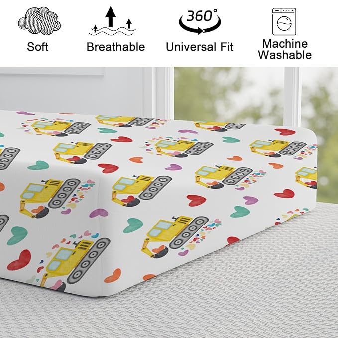 Valentine Truck Love Excavator Tractor Changing Pad Cover Construction Trucks Hearts Fitted Baby Change Table Sheets for Boys Girls Soft Stretch Fitted Changing Table Mats Cover 32''x16''