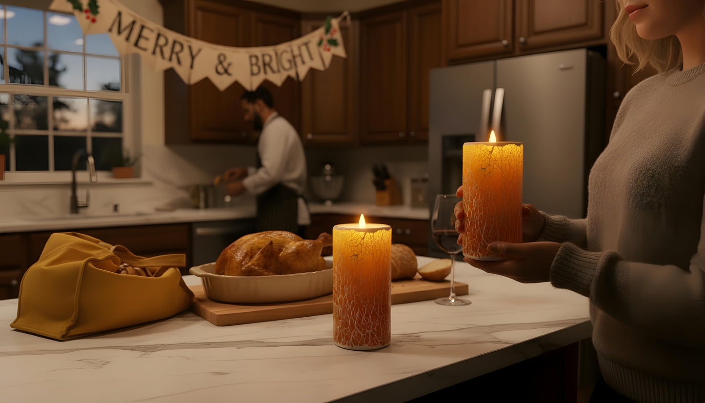 CozierGlow Glass Flameless Pillar Candles Flickering with Remote Timer, Battery Operated LED 3D Moving Flame Real Wax Candles,Remote Included (Honey Yellow Cracked Glass)