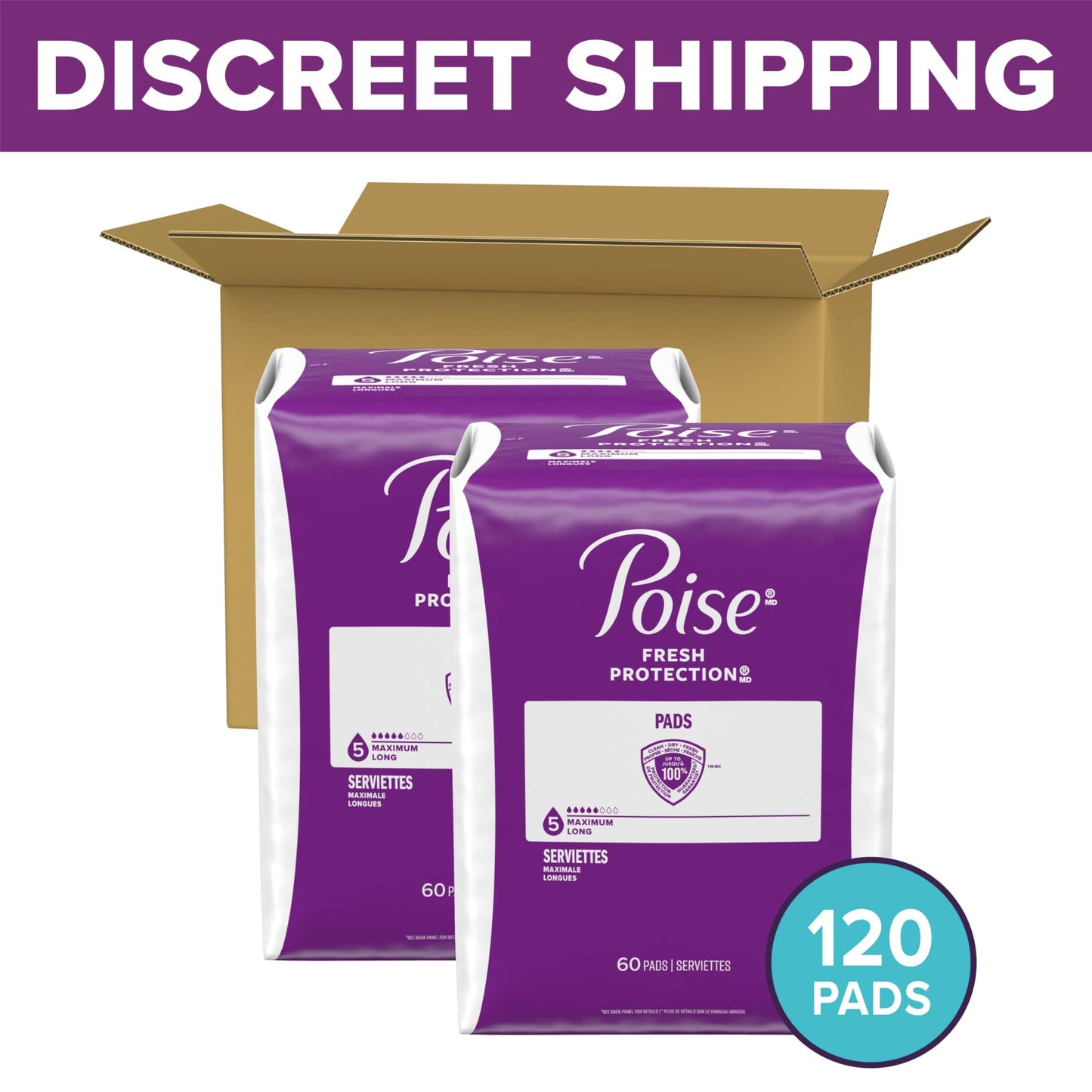 Poise Incontinence Pads & Postpartum Incontinence Pads, 5 Drop Maximum Absorbency, Long Length, 120 Count (2 Packs of 60), Packaging May Vary