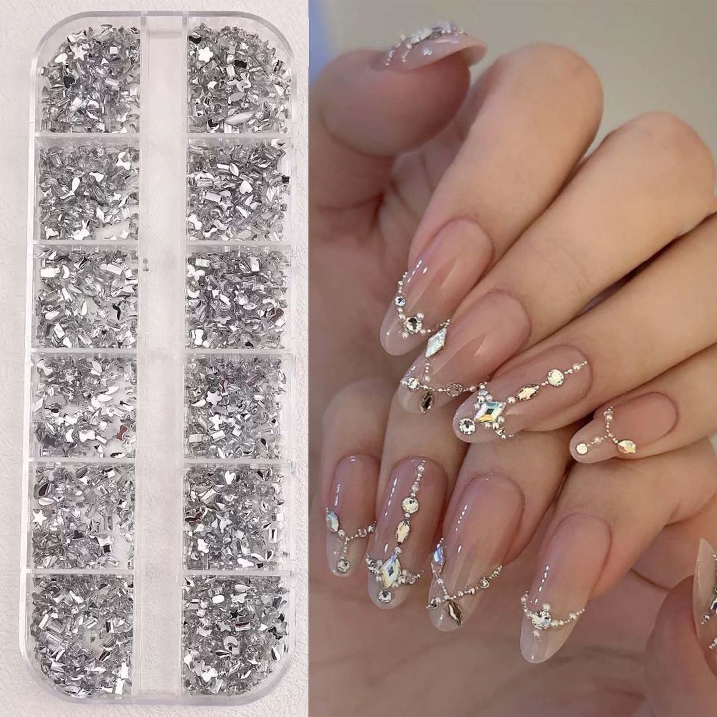 ONPRESS 4Boxes/48Gird 4000Pcs Colorful Rhinestones Nail Art Charms 3D Flatback Rhinestones for Nails Art Design Heart Star Flowe