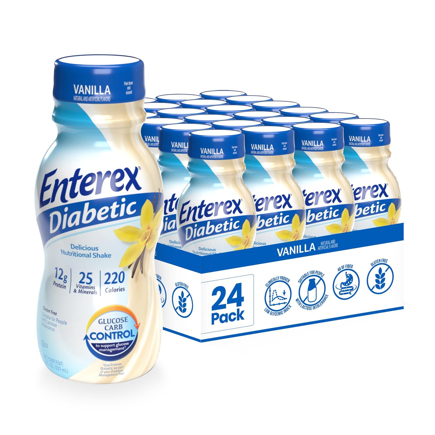 Enterex Diabetic Nutritional Shake - 12g of Protein Low Glycemic Index Vanilla 8 fl oz Bottle 24 Count
