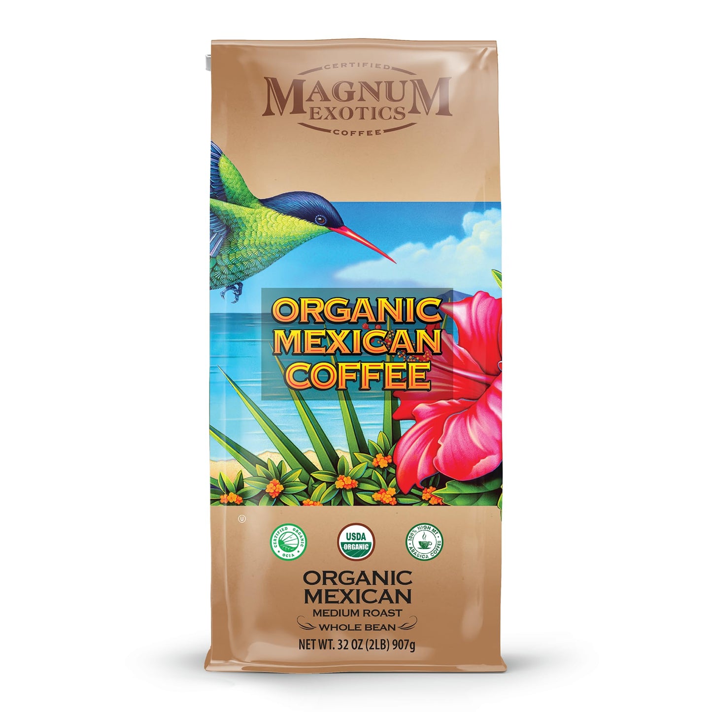 Magnum Exotics Organic Mexican Coffee - Medium Roast Whole Bean Low Acid USDA Certified Organic - 2 lb (32 oz)