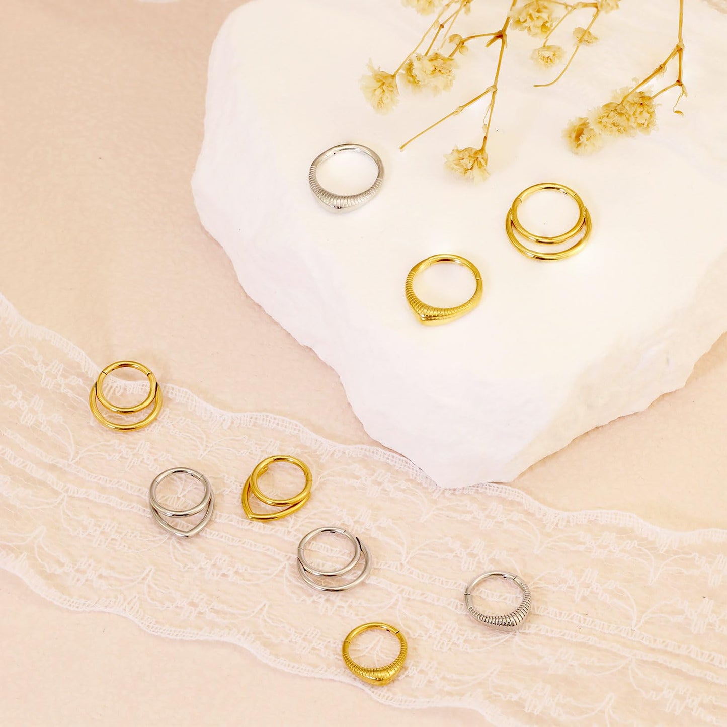 JALZEMPL Gold Nose Rings Hoops 316L Surgical Steel Nose Ring Silver Septum Ring 16g Clicker Daith Hinged Piercing Jewelry Gifts