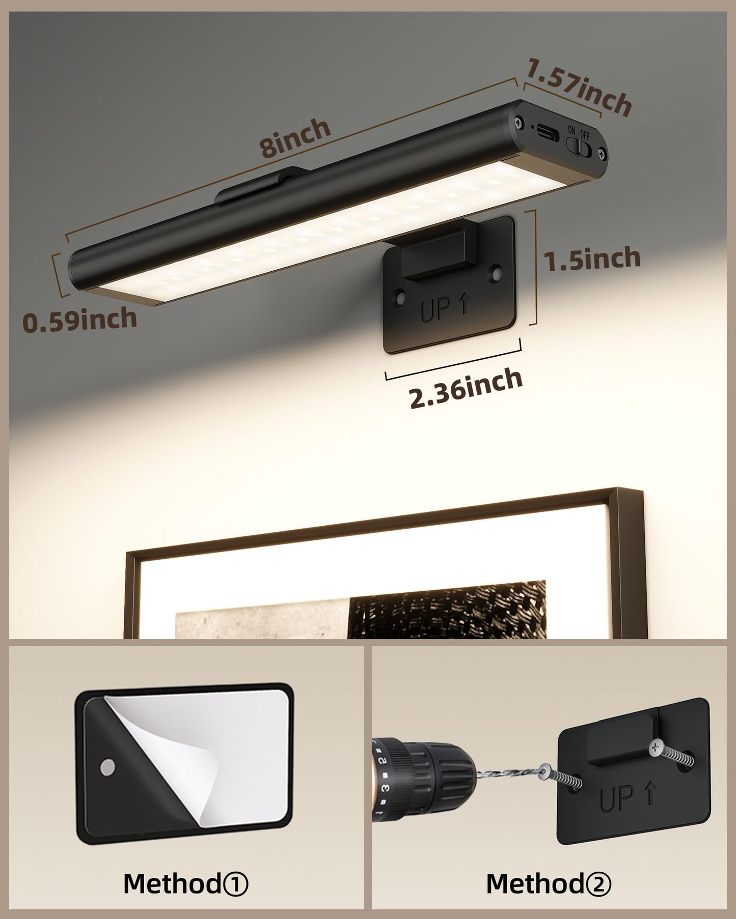 EZVALO Picture Light for Wall, Rechargeable 2400mAh Battery Lights Wireless Remote, 3 Color & Dimmable Magnetic 8'' LED Lights Display for Painting, Living Room, Gallery, Bedroom, Dashboard(Black-2P)