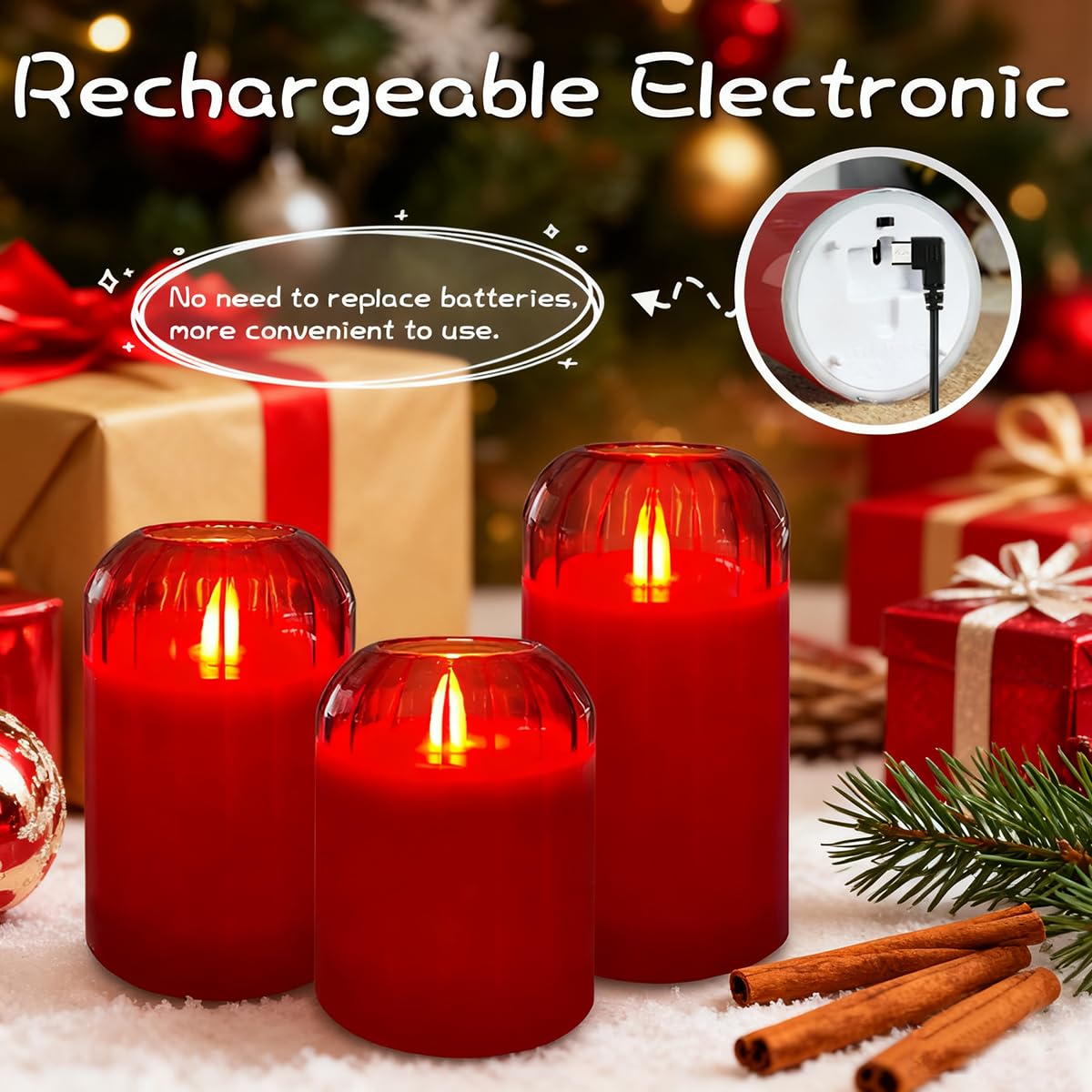 LEDHOLYT Rechargeable Flameless Candle, Flashing LED Pillar Real Wax Candle with Remote Control and Timer, Red Glass Electronic Candles for Room Decoration, 1 Set of 3