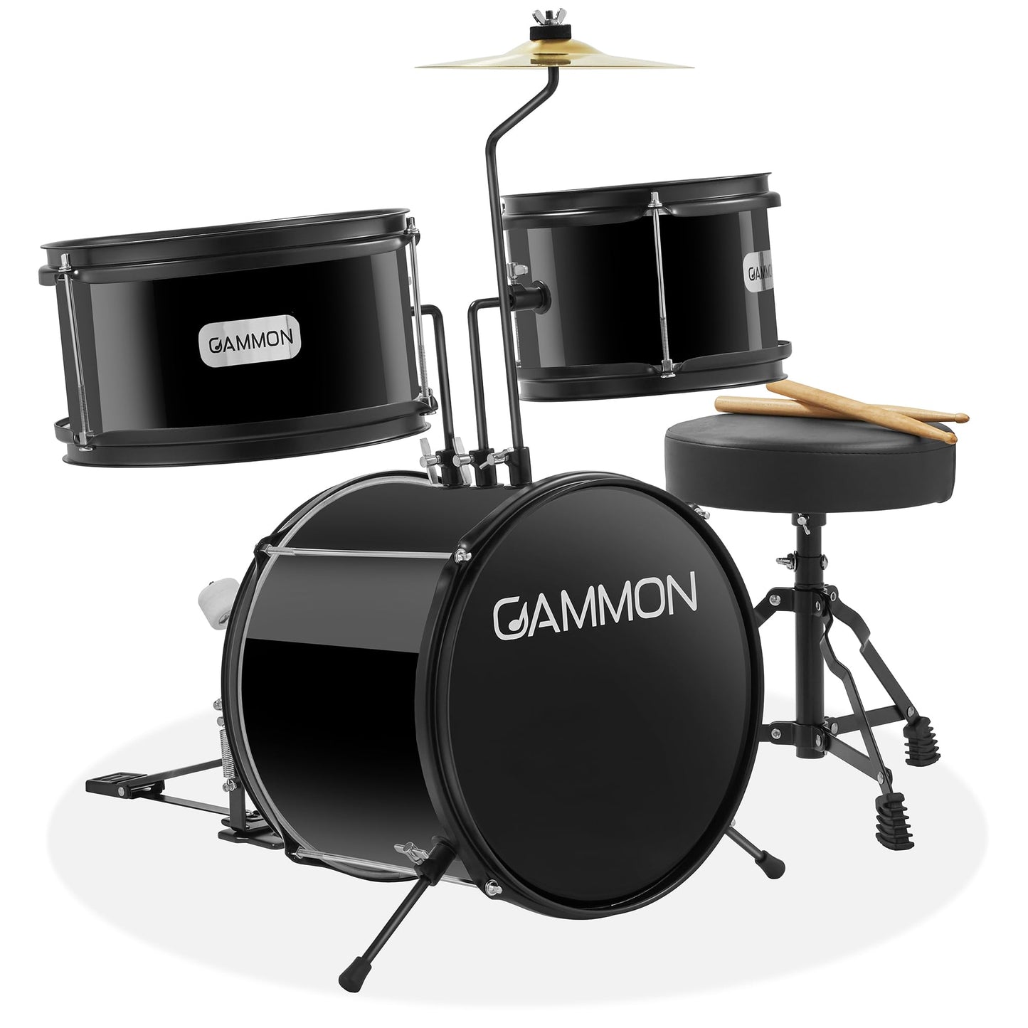 Gammon 3-Piece Junior Drum Set with Throne - Pink, Complete Beginner Kit with Bass Drum, Toms, Cymbal, Pedal, and Drumsticks