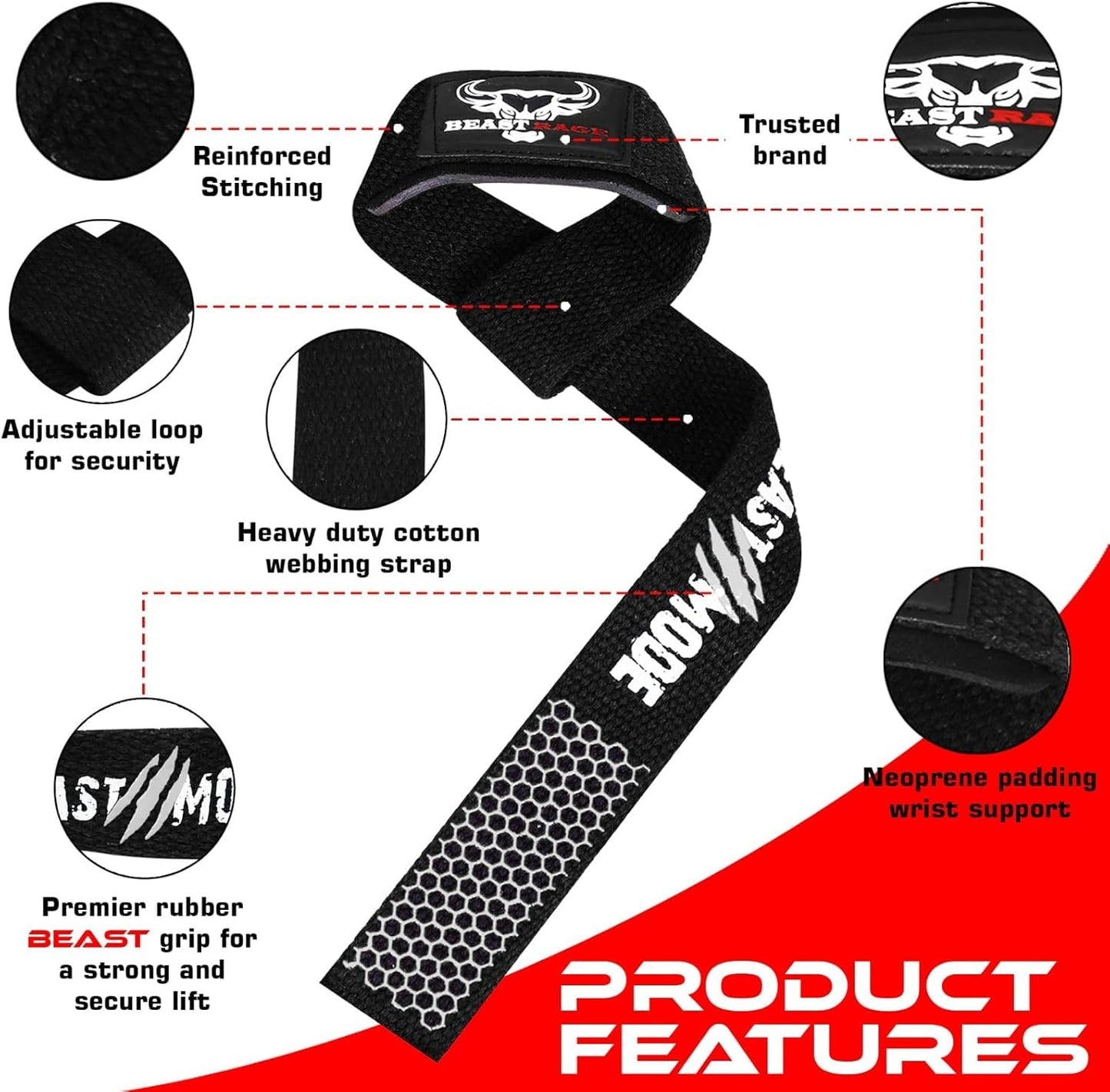 BEAST RAGE Lifting Wrist Straps for Weightlifting, Straps Gym Grip Power Workouts Lifting Straps Padded Cotton Men Women Wrap Lift, Deadlift Bodybuilding Weight Lifting Exercise Straps (Basic)