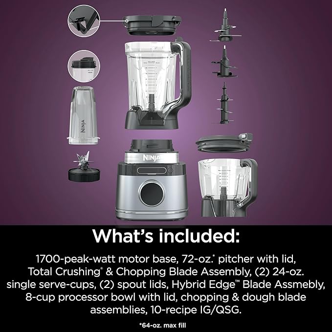 Ninja Detect Kitchen System TB400 Power Blender + Food Processor, 1700W Peak Motor, BlendSense Auto-Detect Technology, 72-oz Pitcher, 64-oz Processor Bowl, Two 24-oz Cups, Silver