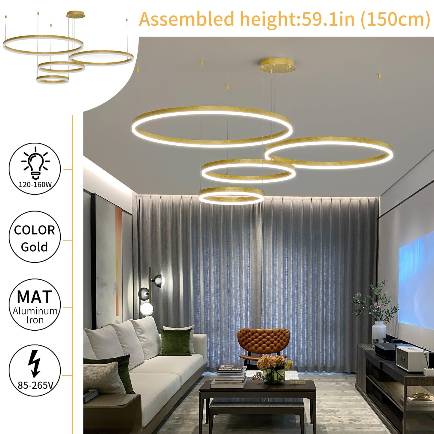 Mikeru Modern LED Chandelier Light with Remote Control, 3000K-6500K Adjustable, 4 Rings, B-Black, 15.7+23.6+31.