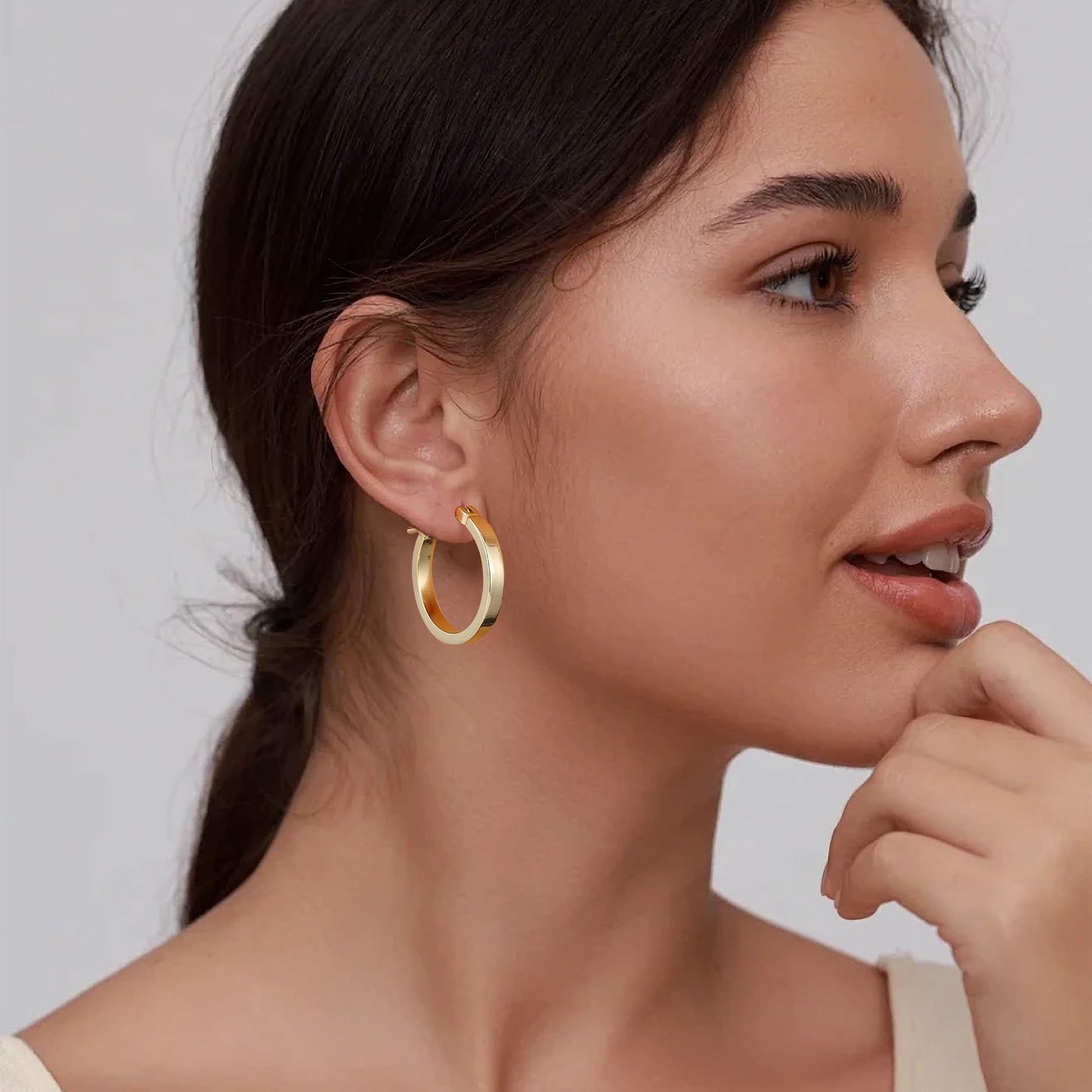 Gacimy Gold Hoop Earrings for Women, 14K Gold Plated Flatted Hoops with 925 Sterling Silver Post, 20mm Medium Earrings for Women