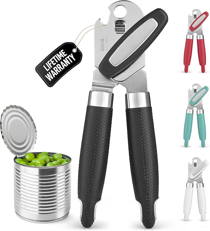 Zulay Kitchen Heavy Duty Stainless Steel Can Opener Manual with Large Bottle Opener - Manual Can Opener with Turn Knob with Soft Grip Handles - Black