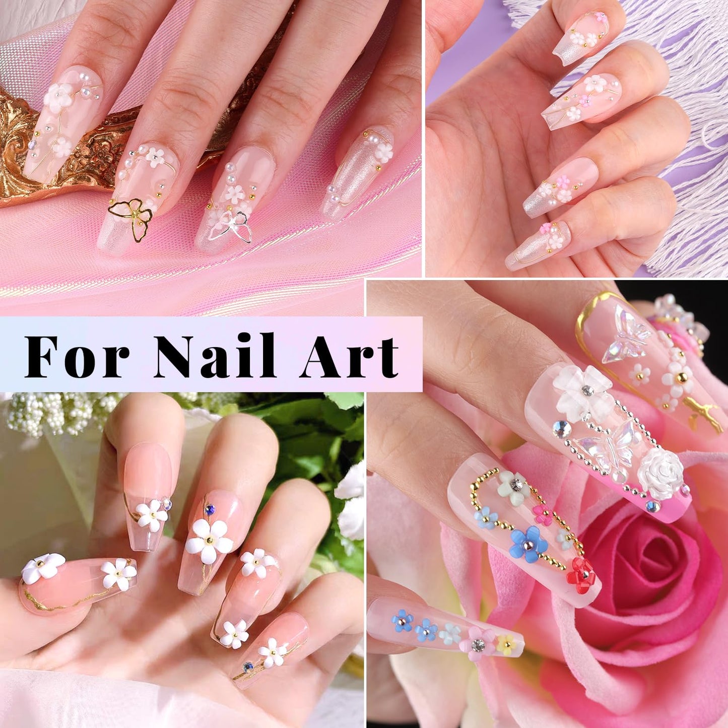 3D Nail Charms, Butterfly White Pink Flower Starry AB Gemstones Caviar Beads Half Round Pearl, Flat Back Glass Crystal AB + Transparent Clear Round Rhinestones for Nails with Pickup & Dotting Tools