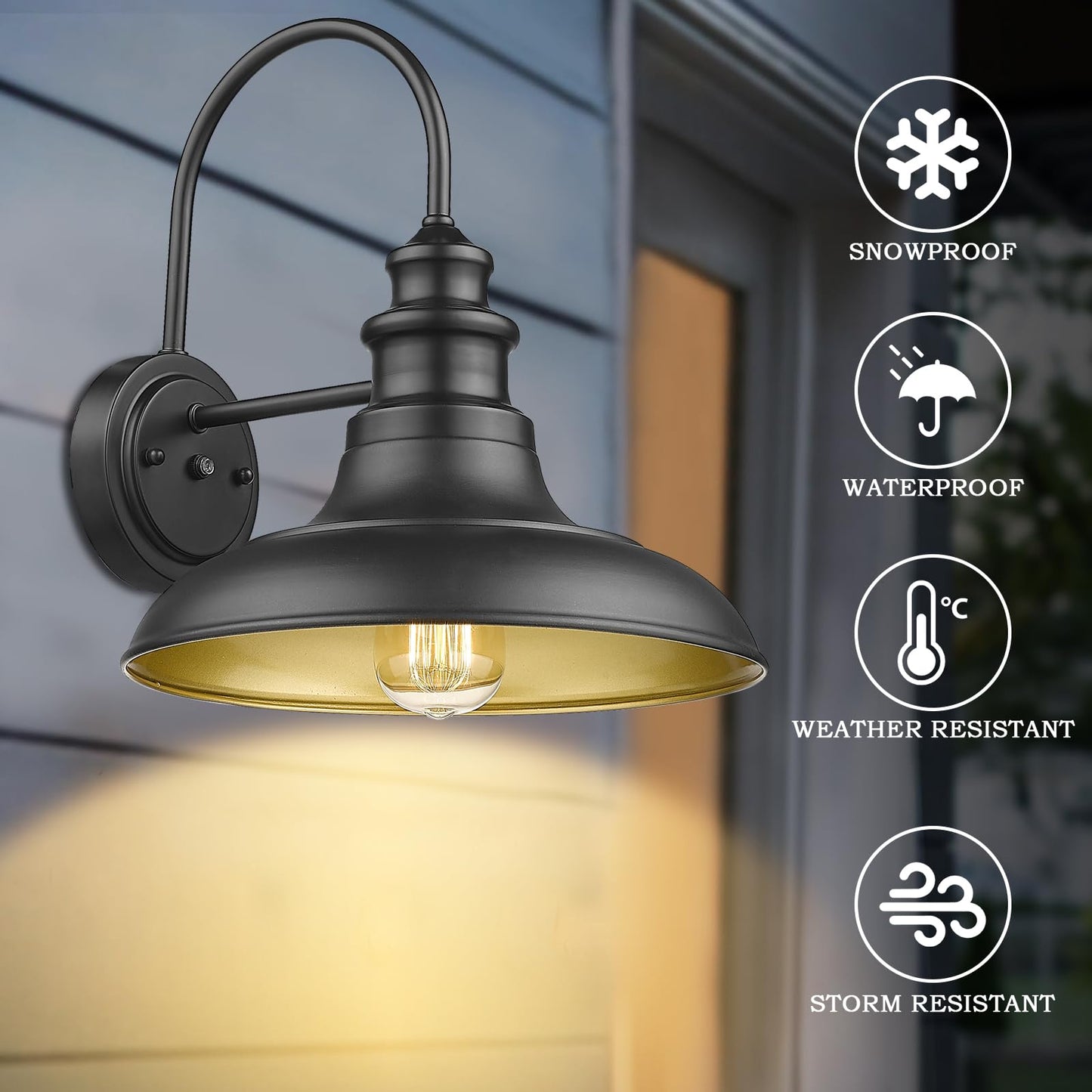 Diyel Outdoor Barn Light Fixture, Dusk to Dawn Sensor, 12.3 Inch, Black, Iron, Model RZ004BK-2, 2 Pack