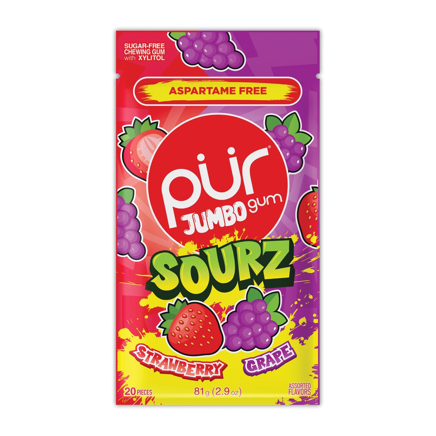PUR Jumbo SOURZ Gum | Aspartame Free Chewing Gum | 100% Xylitol | Natural Flavor | Sour Strawberry Sour G 20 Pieces (Pack of 1)