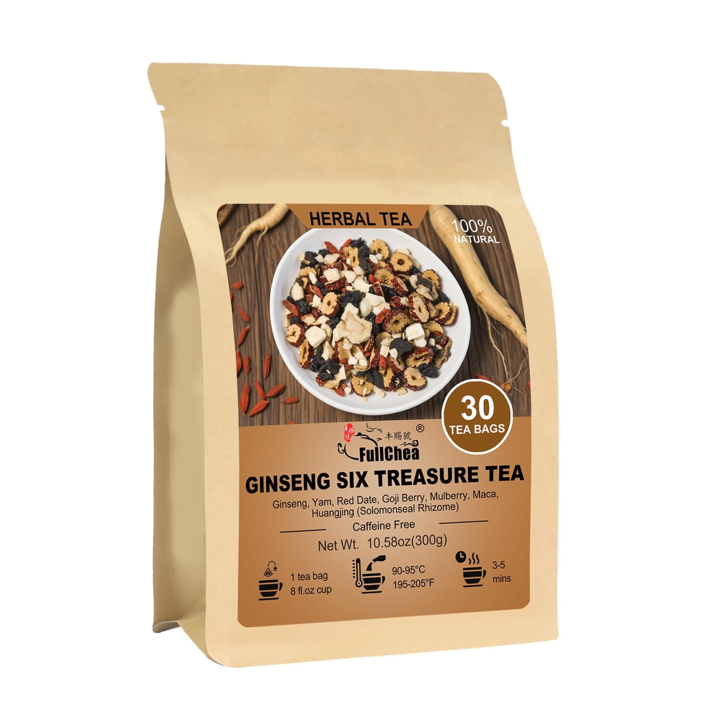 FullChea - Ginseng Six Treasure Tea 30 Teabags Traditional Chinese Herbal Blend for Kidney Health Detox Tea With Ginseng Mulberry Huangjing Maca Goji Berry Red Dates Yam - Support Wellness