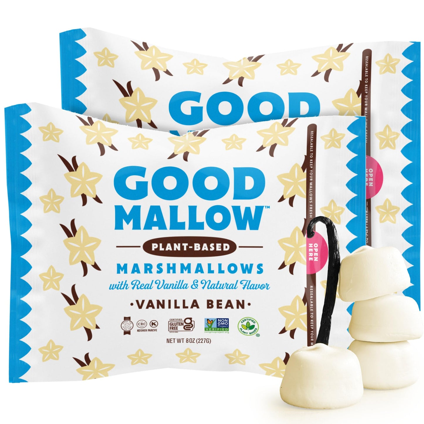 GoodMallow Vegan Marshmallows - Large Kosher Halal Gluten Free Dairy Free Healthy- Natural Gelatin Free Marshmallows for Hot Chocolate Smores Baking - Nothing Artificial Made in USA (White Vanilla ) (Pack of 2)