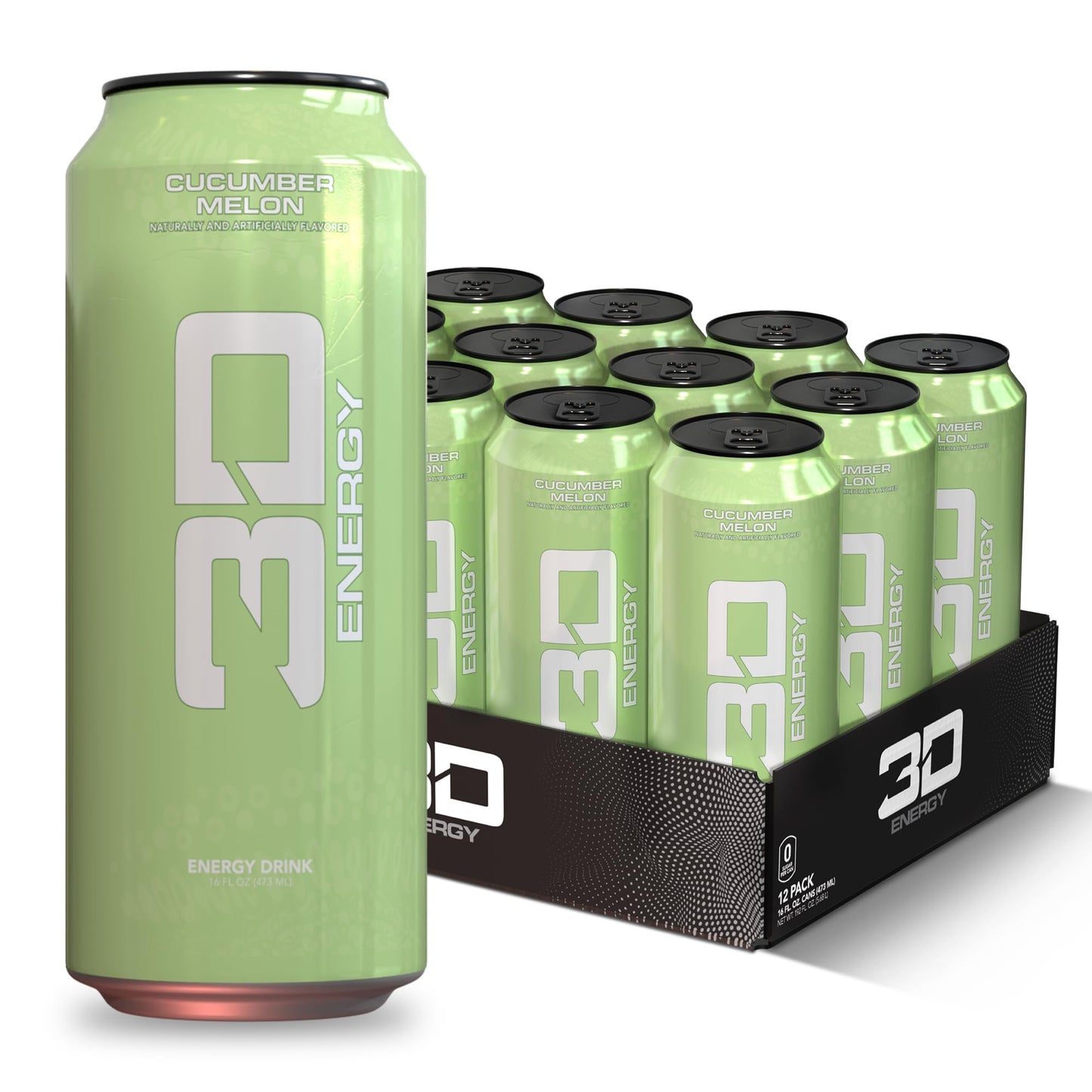 3D Energy Drink - Sugar Free 200mg Caffeine Pre Workout Taurine L-Carnitine Lightly Carbonated 16oz Cans 12 Pack - Cucumber Melon