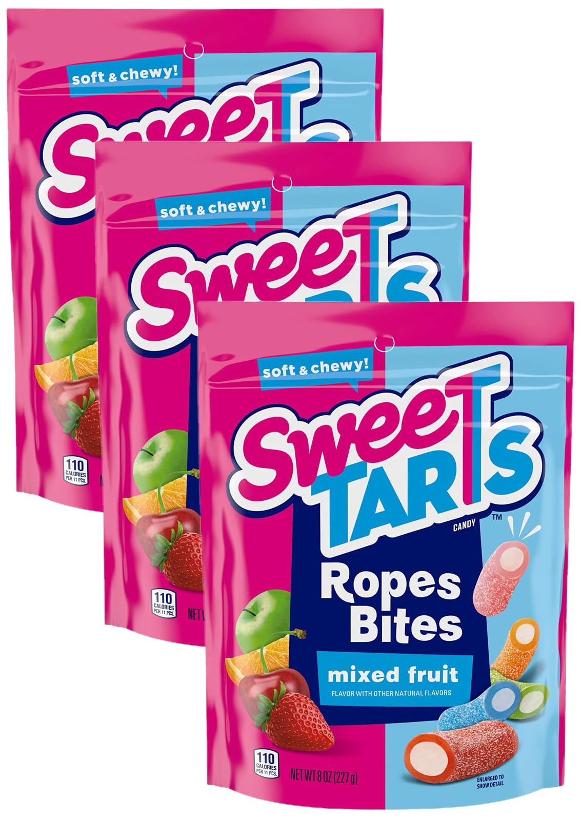 SweeTARTS Rope Bites Candy, Mixed Fruit, 8 Ounce Resealable Bag (Pack of 3)