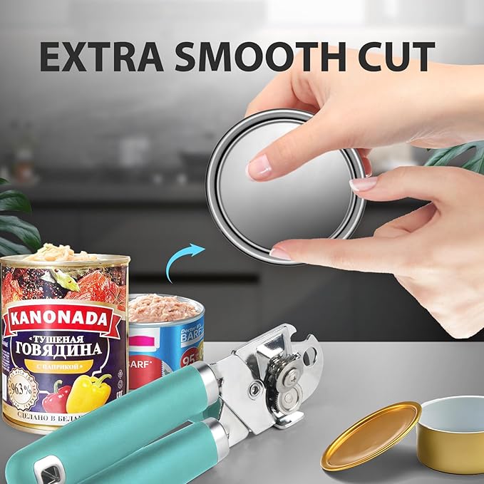 Can Opener Manual, Heavy Duty Handheld Strong Can Opener with Soft Touch Handle, Sharp Blade Smooth Edge, Can Openers with Multifunctional Bottle Opener, Aqua Sky