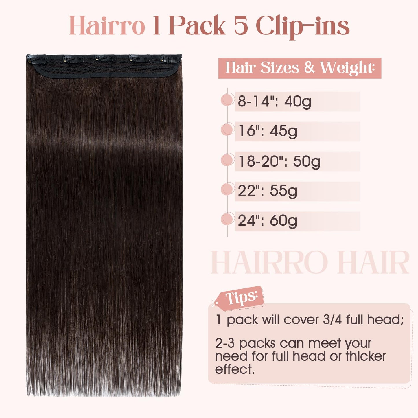 Hairro Clip in Hair Extensions, 100% Real Human Hair, 14 Inch Clip in Remy Brown Hair 45g Thin One-piece 5 Clips Long Straight H