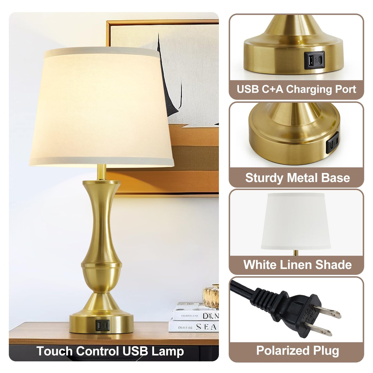 Luvkczc 22in Gold Table Lamps Set of 2 - Modern Bedside Lamps with White Shade, 3-Way Dimmable, Dual USB Ports, Model 73008K