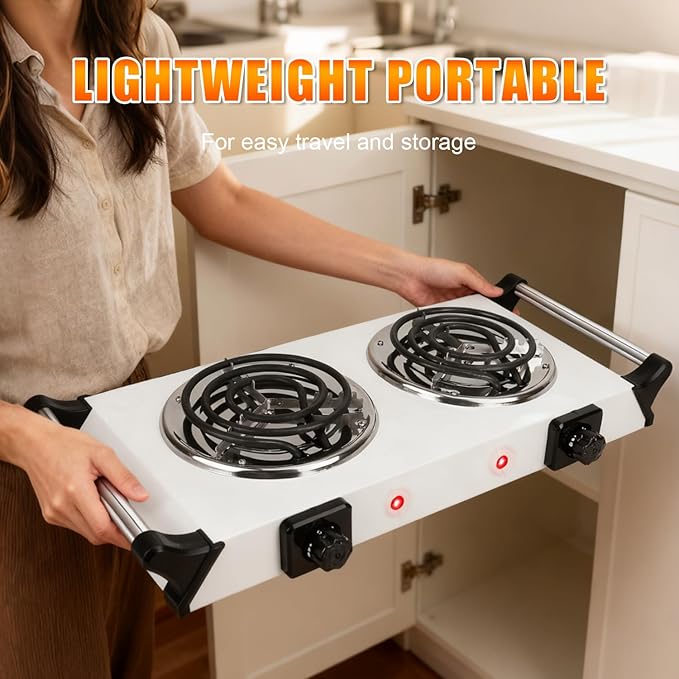 Double Hot Plate, 2000W Portable Countertop Burner & Electric Stove, 5-Level Temp, Portable Handle, Cast Iron Double Burner Cooktop for Home/RV/Camping (White)