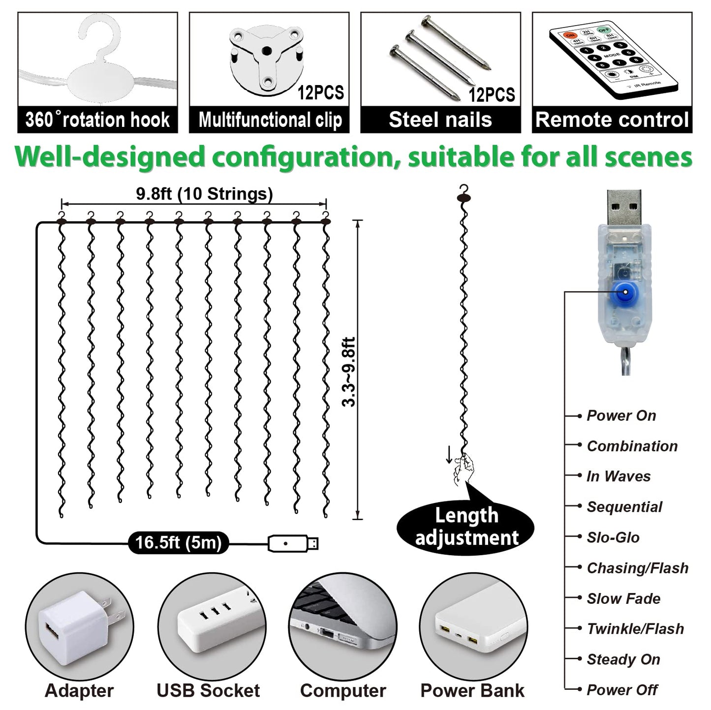 ZSJWL 300 LED White Curtain Lights, 9.8x9.8Ft, Copper Material, Remote Control, 8 Modes, USB Plug, Indoor/Outdoor Use