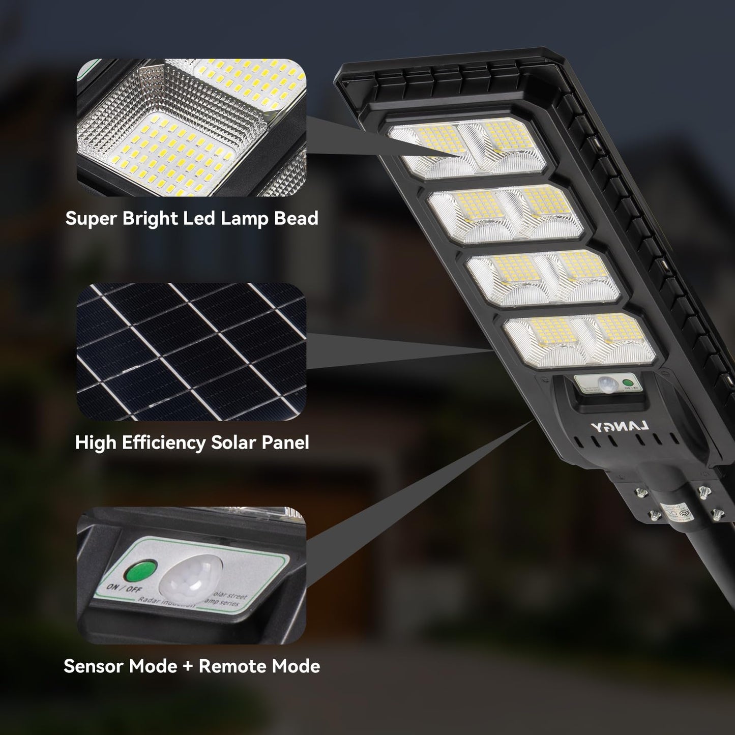 LANGY 200W LED Solar Street Light, 20000 LM, Black, ABS Plastic, Model ES03-200W, Dusk to Dawn Outdoor Security Lamp