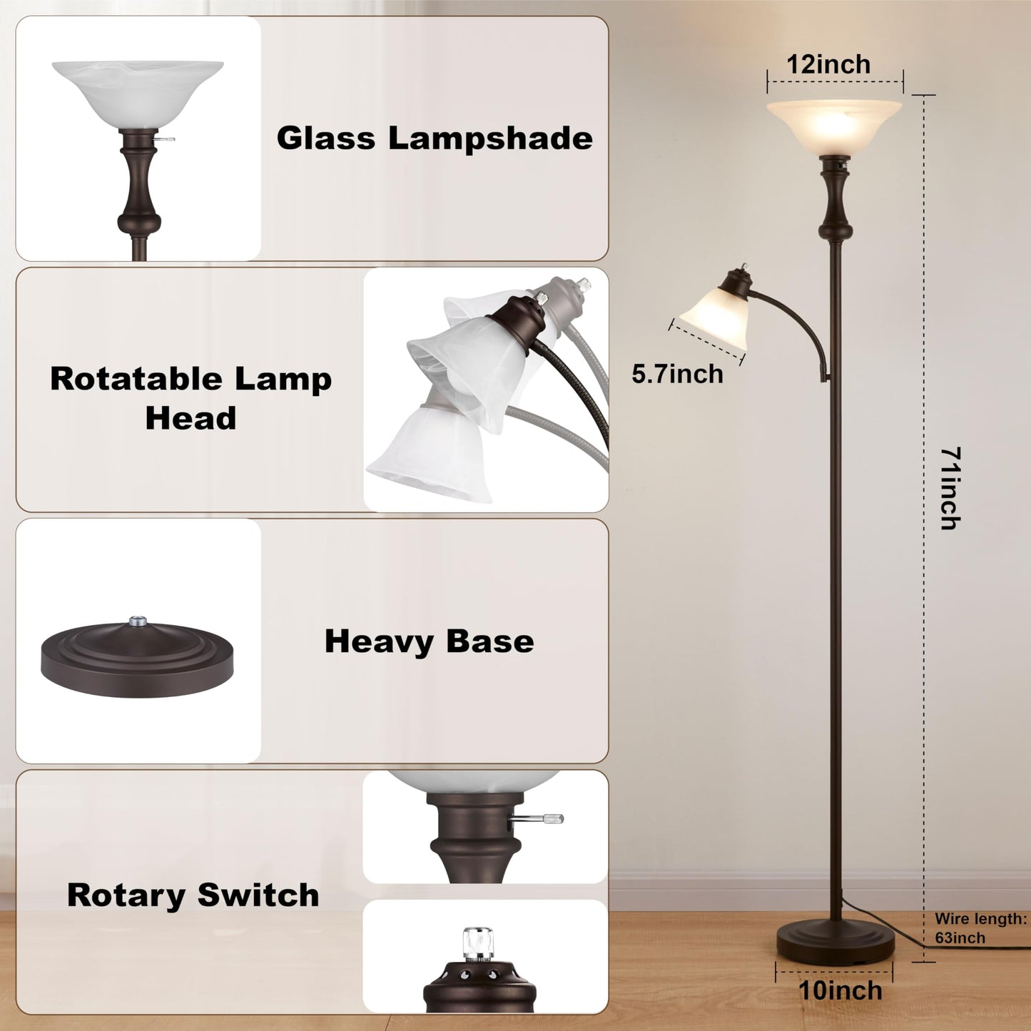 Leasgy 71 Torchiere Floor Lamp For Bedroom With Glass Shade Tall Floor Lamps For Living Room With Adjustable Angle Arc Reading Light Modern Standing Light Knob Switch Bulb Included Red Brown