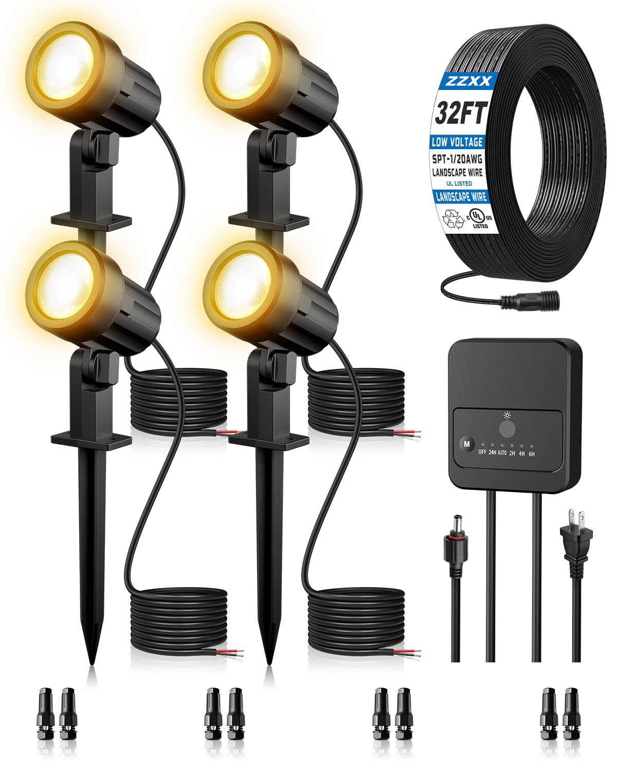 ZZXX All-in-One LED Landscape Lighting Kit, 4-Pack Low Voltage Landscape Lights with Transformer 32FT Wire and Connectors, 2700K