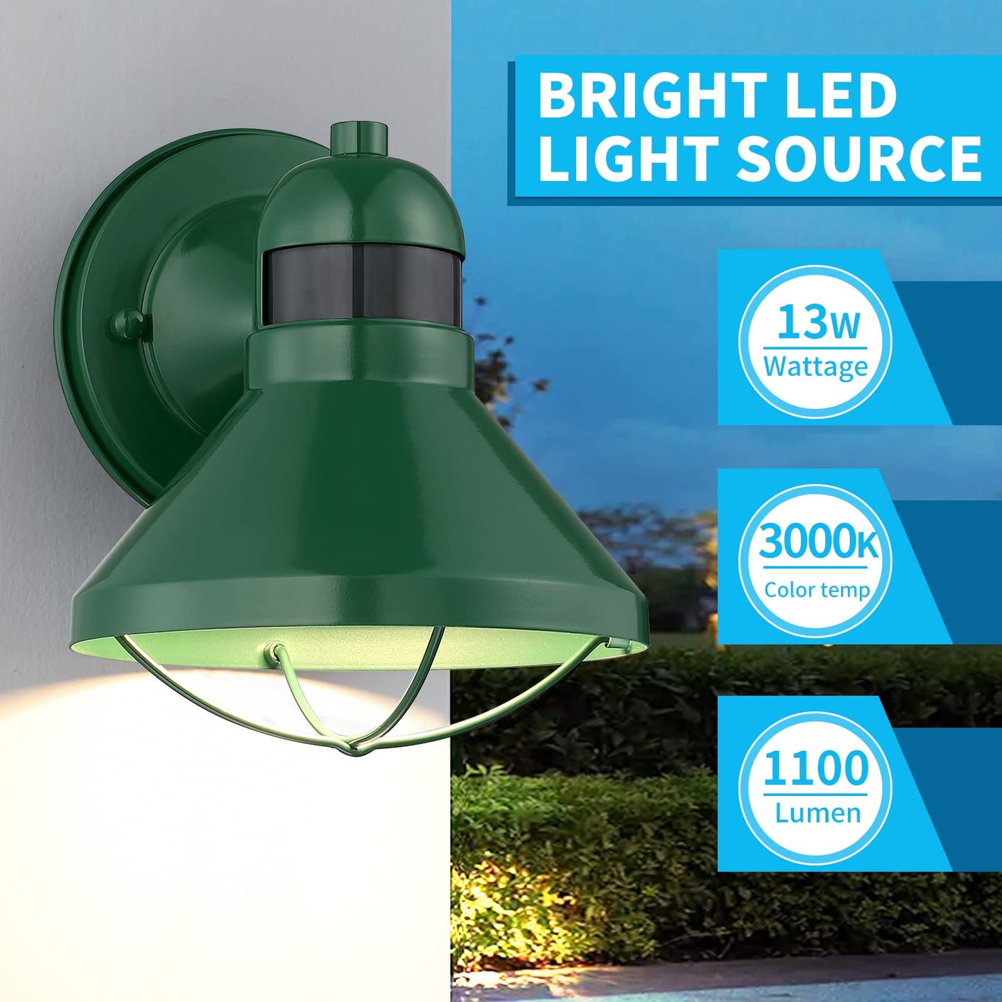 LONEDRUID Motion Sensor LED Outdoor Wall Light, Waterproof Metal Sconce, Green