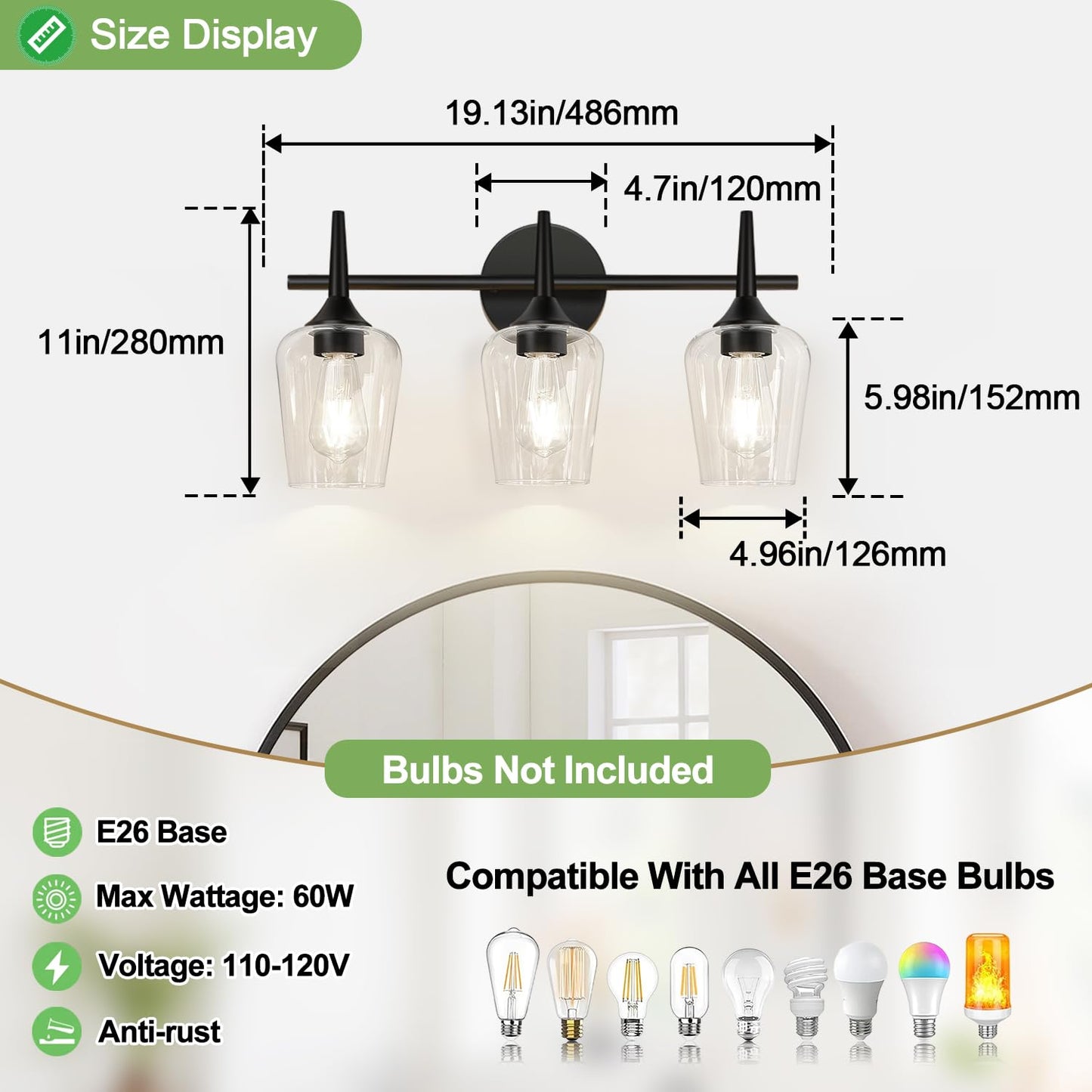 Mokatng 2025 Upgrade 3-Light Bathroom Light Fixtures Black Vanity Lights For Bathroom With Clear Glass 19.5 Inch Bathroom Lighting Fixtures Over Mirror Modern Wall Lamp For Cabinet Hallway