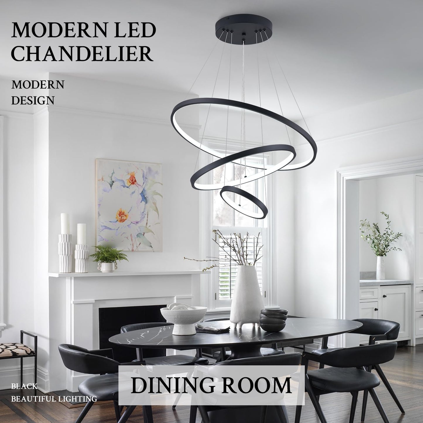 Sparklelf LED Chandelier, 3 Ring Dimmable Round Pendant Light, 23.6inch, Black, Model SE-P16-3BDC1