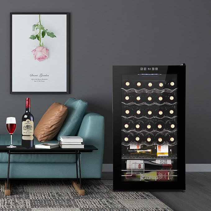 Winado Wine Cooler Refrigerator, 34 Bottle Freestanding Compressor Wine Cooler w/Digital Temp Control, Mini Wine Fridge with Double-Layer Glass Door & Removable Shelves