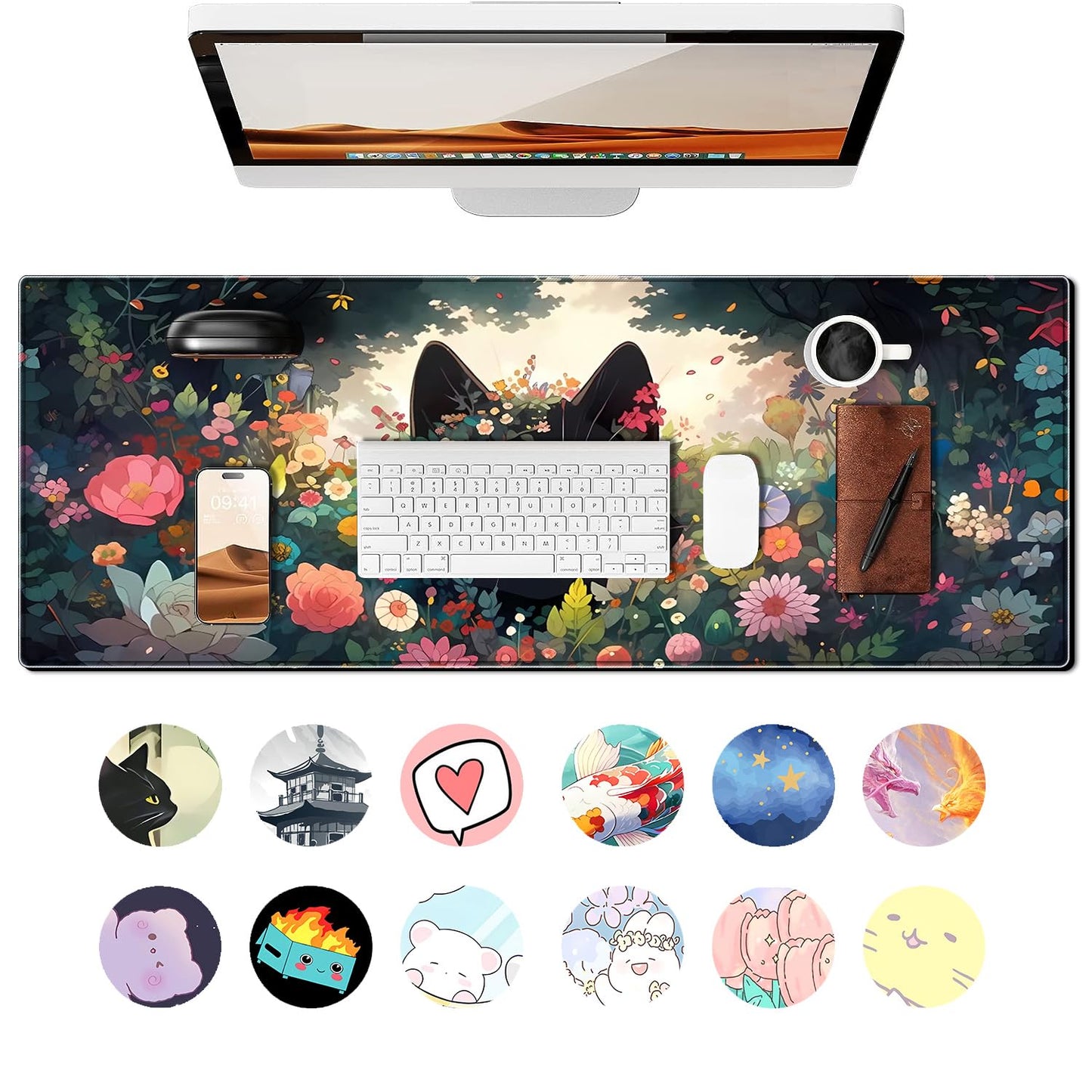 Black Cat Gaming Mouse Pad Colorful Flower Large Desk Mat, 31.5x11.8 Inch Mousepad Extended Non-Slip Rubber Base Keyboard Mat with Stitched Edges for Desk Home Office