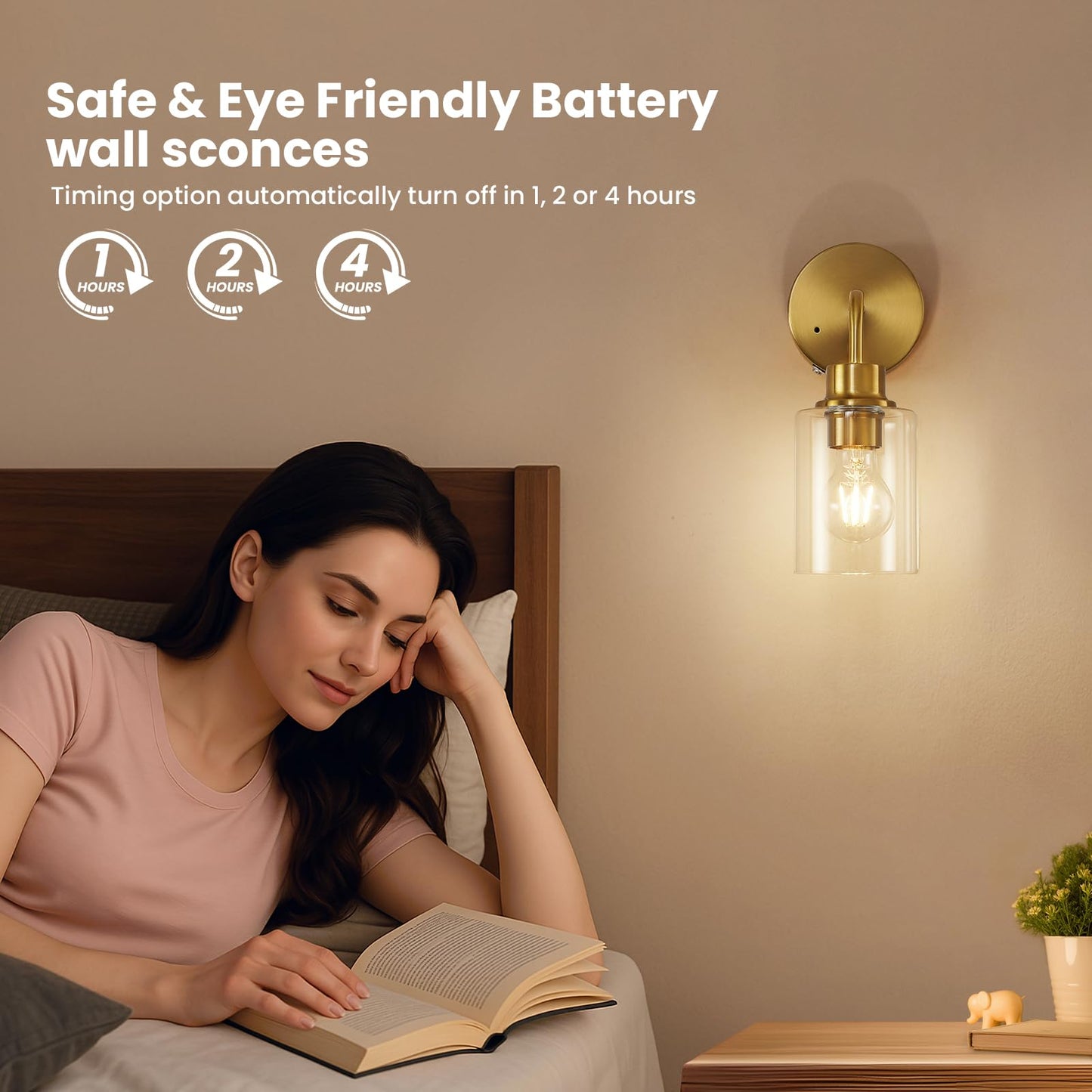 Epinl Battery Operated Wall Sconce Set of 2 - Dimmable Wireless Gold Glass Lights, Model 8210, Cordless Rechargeable for Home