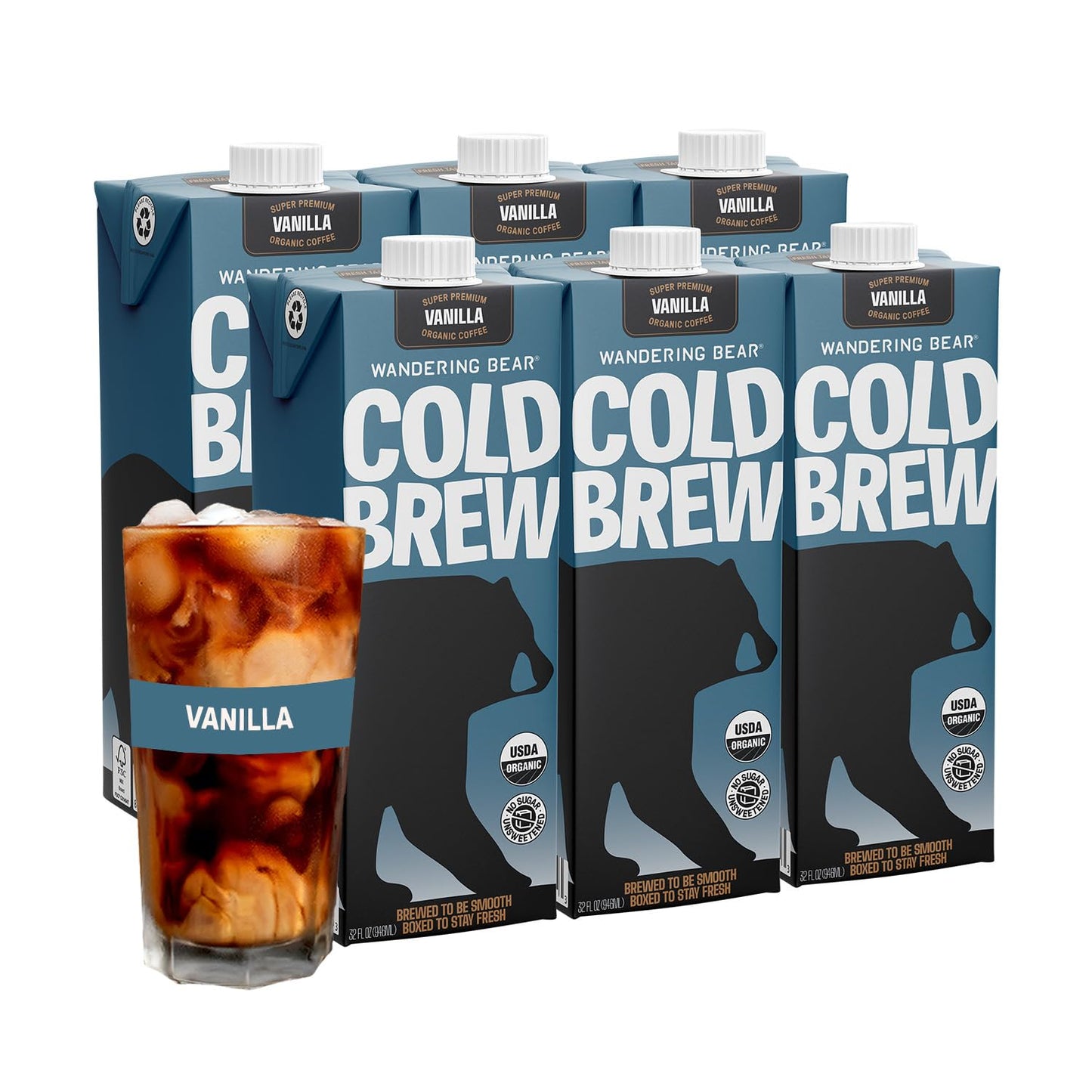 Wandering Bear Organic Vanilla Cold Brew Coffee 32 fl oz 6 pack - Extra Strong Bold Smooth Unsweetened Shelf-Stable Ready to Drink Gluten Free & Vegan Iced Cold Brewed Coffee Drinks