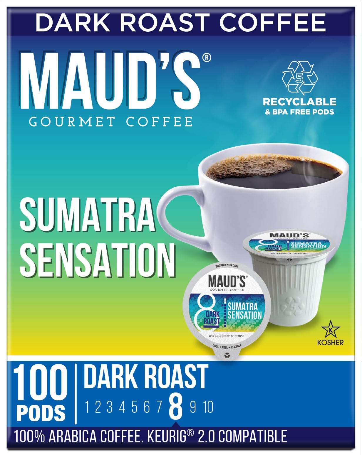 Mauds Sumatra Dark Roast Coffee Pods 100 ct | Sumatra Sensation Coffee | 100% Arabica Dark Roast Coffee | Solar Energy Produced Recyclable Pods Compatible with Keurig K Cups Maker