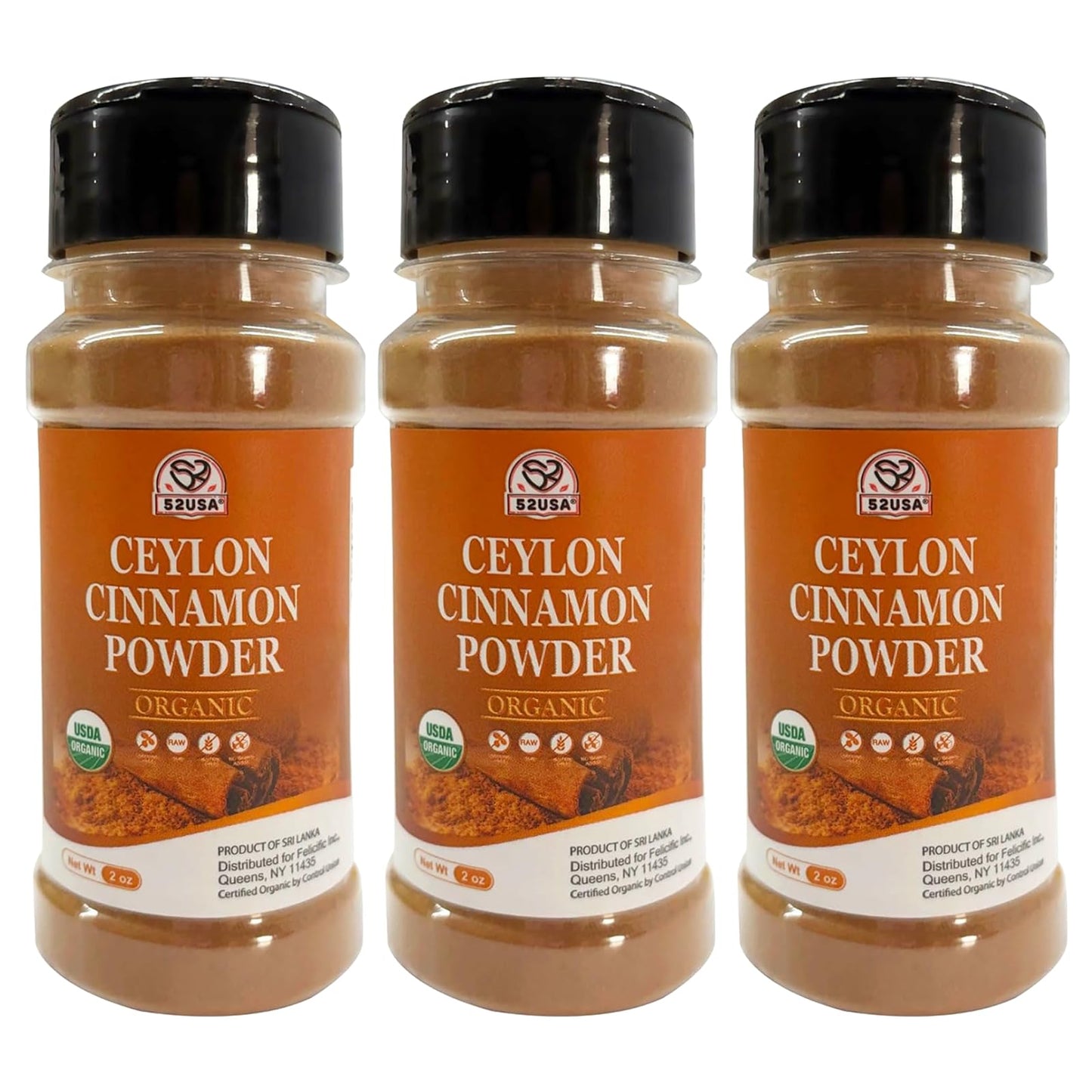 52USA Organic Ceylon Cinnamon Powder 2 Ounce (Pack of 3) True Cinnamon Farmed in Sri Lanka Non-GMO Gluten-Free Perfect for Baking Cooking and Beverages