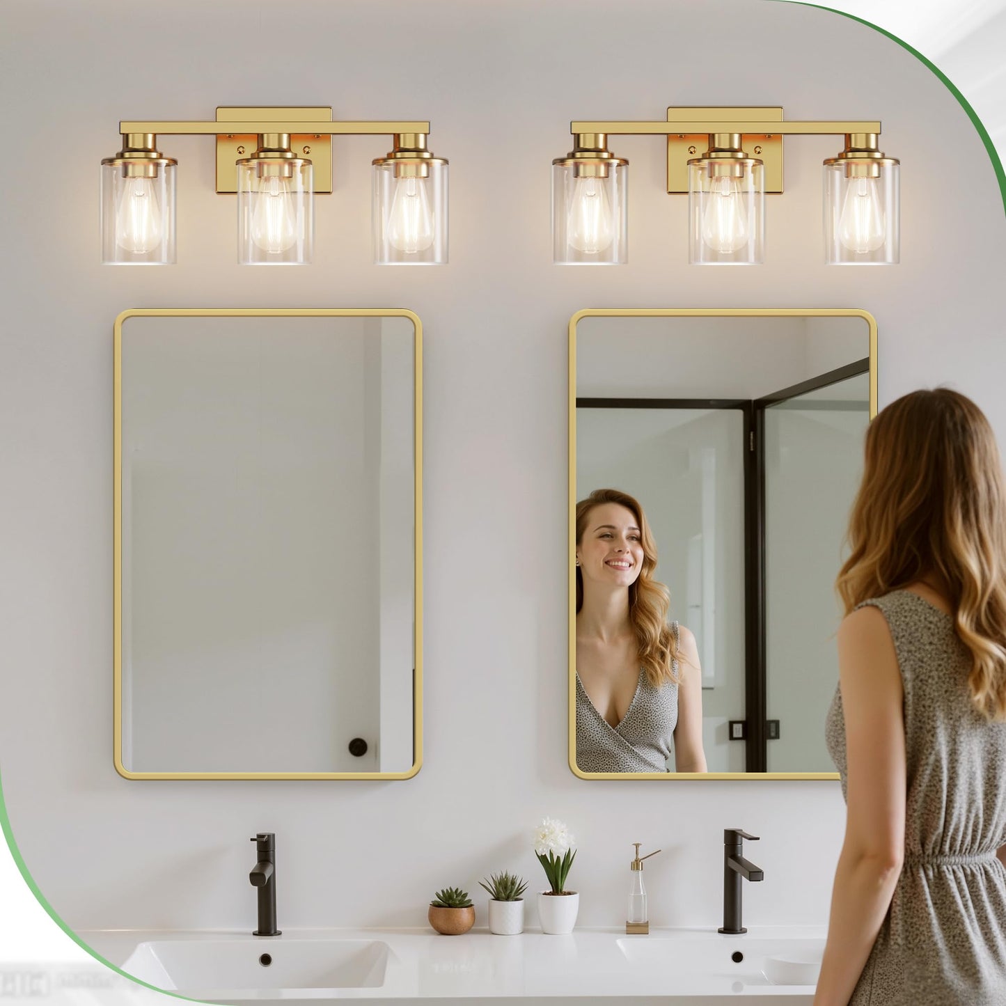 Doresshop 17 Inch Bathroom Light Fixtures 3-Light Copper Bathroom Lighting Fixtures Over Mirror With Clear Glass Shade Vanity Lights For Living Room Bedroom