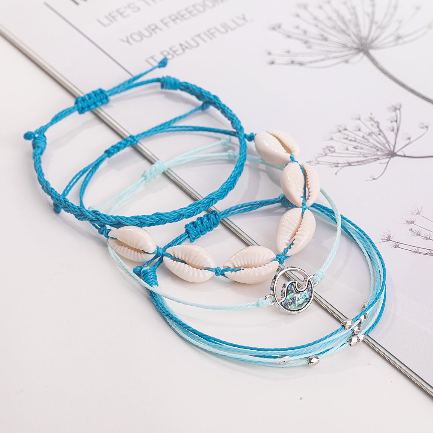 FANCY SHINY Wave String Bracelets Braid Puka Shell Bead Bracelets Handmade Cute Trendy Abalone Boho Jewelry Gifts for Women(Lake