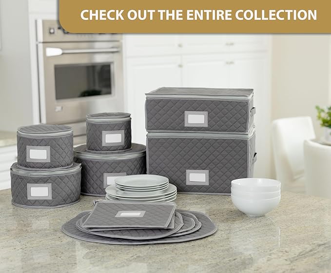 Stack Store Plus More China Cup Storage Chest - Quilted Fabric Container in Gray Measuring 16" x 13" x 6"H - Perfect Storage Case for Coffee Mugs - Tea Cups - Mason Jars - Glassware