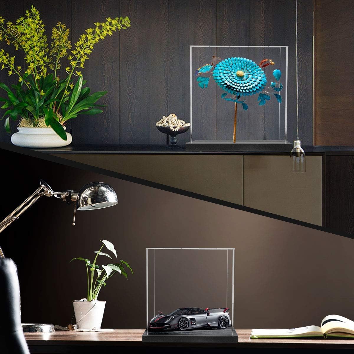 Display Case with Black Velvet Base, Simple Self-Assembly Clear Acrylic Display Box with Lid, 11 Inch Cube Countertop Box for Collectibles, Home Organization (11x11x11 inch)