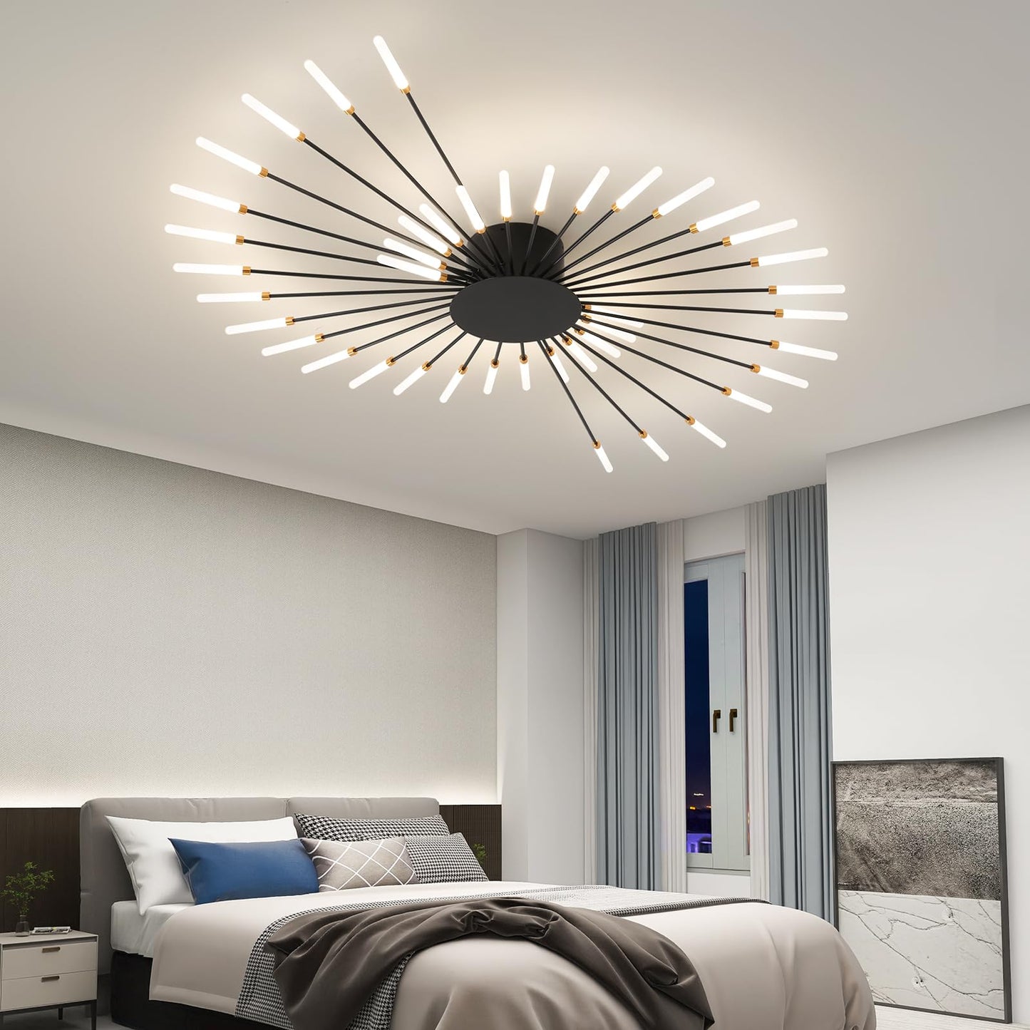 Ziidoo Modern Ceiling Light 42 Lights Metal Firework Designed Chic Led Lighting Fixture For Farmhouse Kitchen Dining Room Bedroom Hallway Living Room (Black)