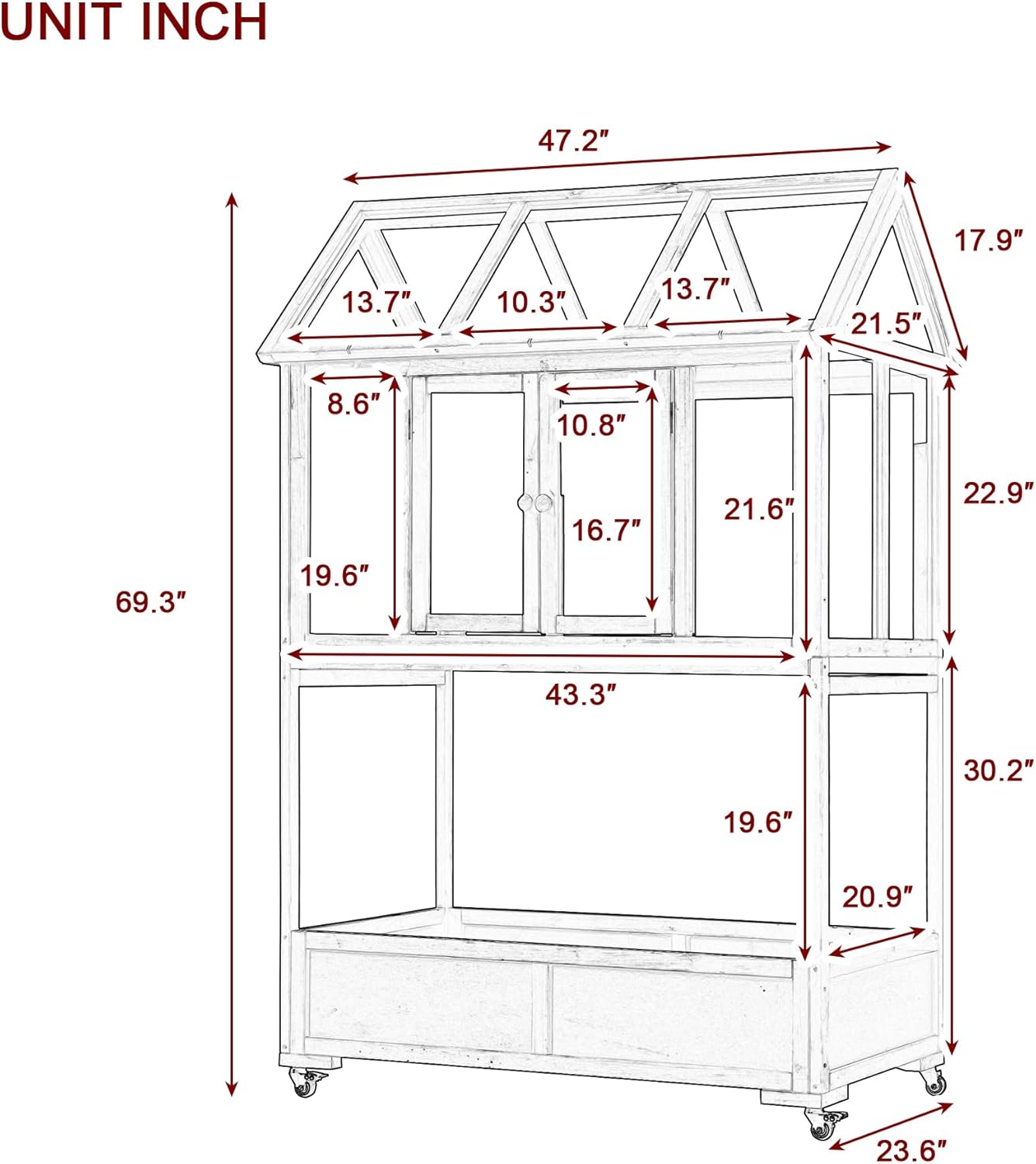 Garden Wood Portable Cold Frame - Mini Greenhouse with Wheels, Open Roof & Storage (White + Beige + Beige)