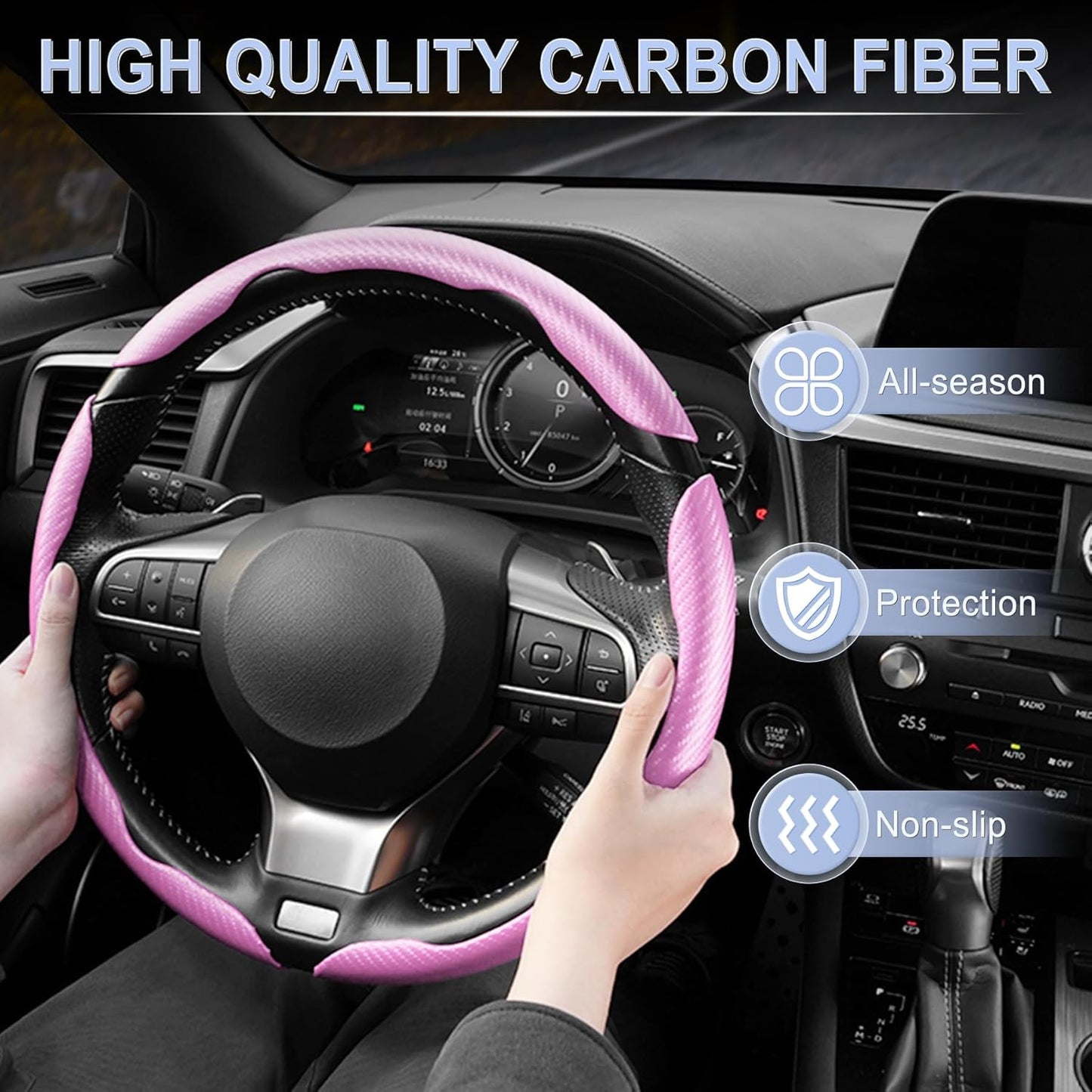 Amiss 3pcs Carbon Fiber Anti-Skid Steering Wheel Cover, Segmented & Butterfly Design, Universal 99% Car Wheel Cover Protector, Pink